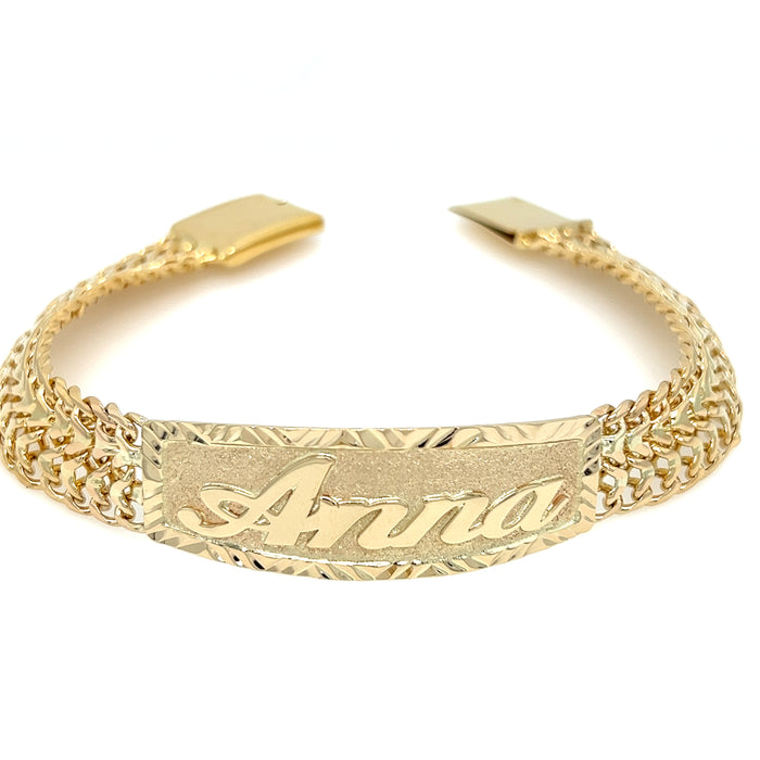 14k Womens Gold Petatillo ID Bracelet with Gold Name Overlay