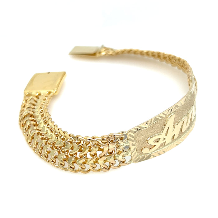 14k Womens Gold Petatillo ID Bracelet with Gold Name Overlay