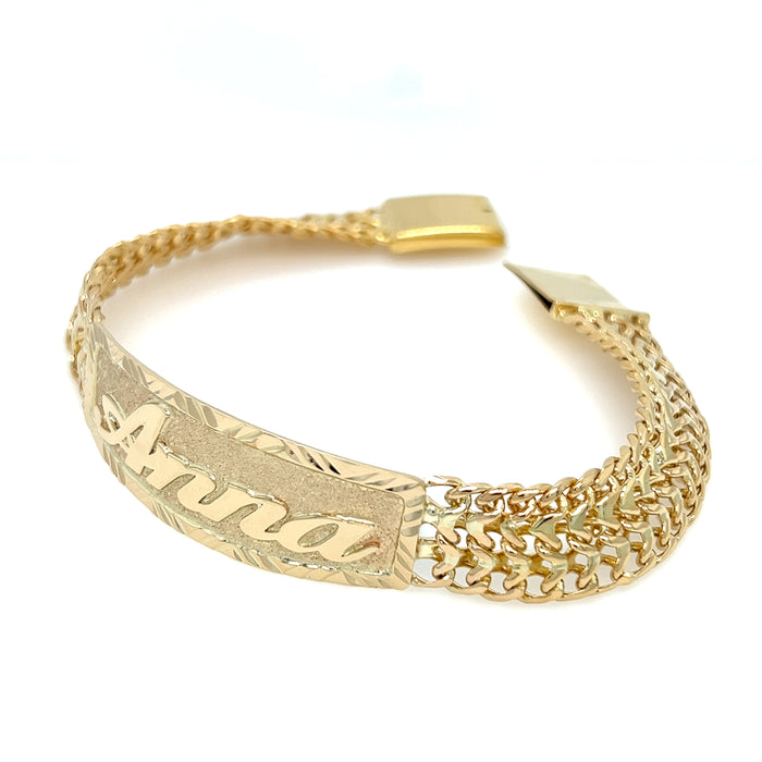 14k Womens Gold Petatillo ID Bracelet with Gold Name Overlay