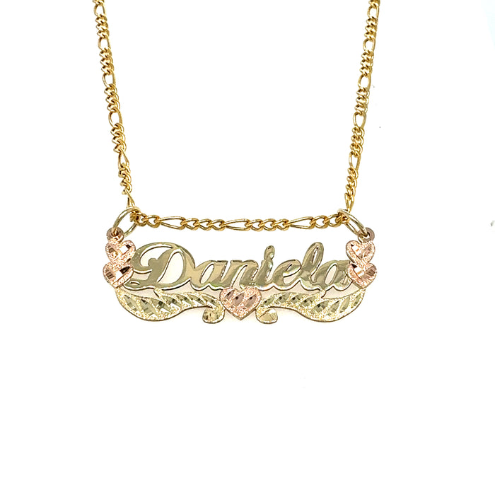 14k Cursive Gold Name with Rose Gold Hearts and Solid Figaro Necklace