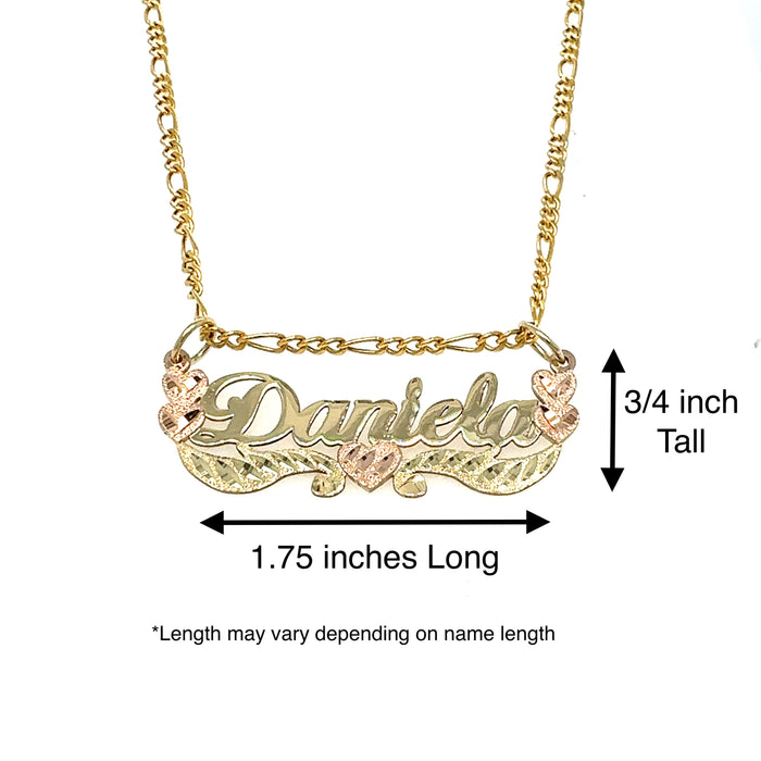 14k Cursive Gold Name with Rose Gold Hearts and Solid Figaro Necklace