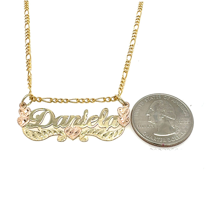 14k Cursive Gold Name with Rose Gold Hearts and Solid Figaro Necklace