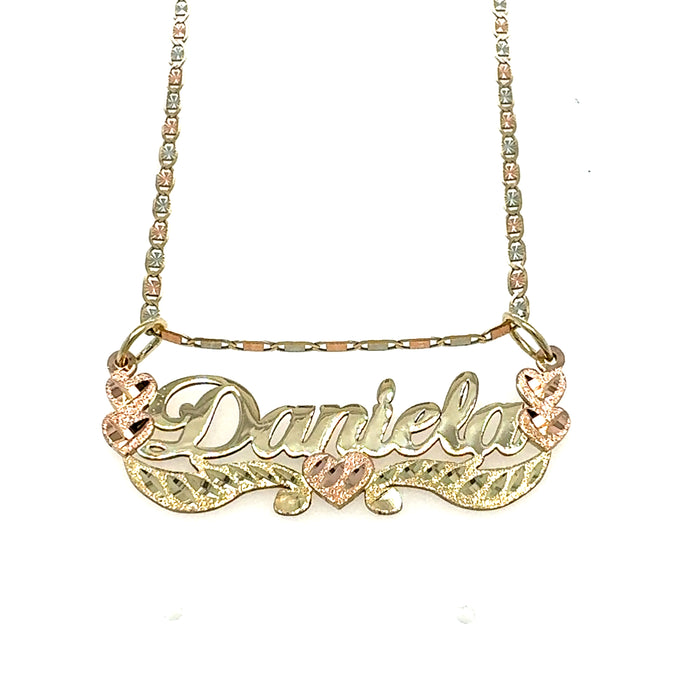 14k Cursive Gold Name with Rose Gold Hearts and Solid Valentino Necklace