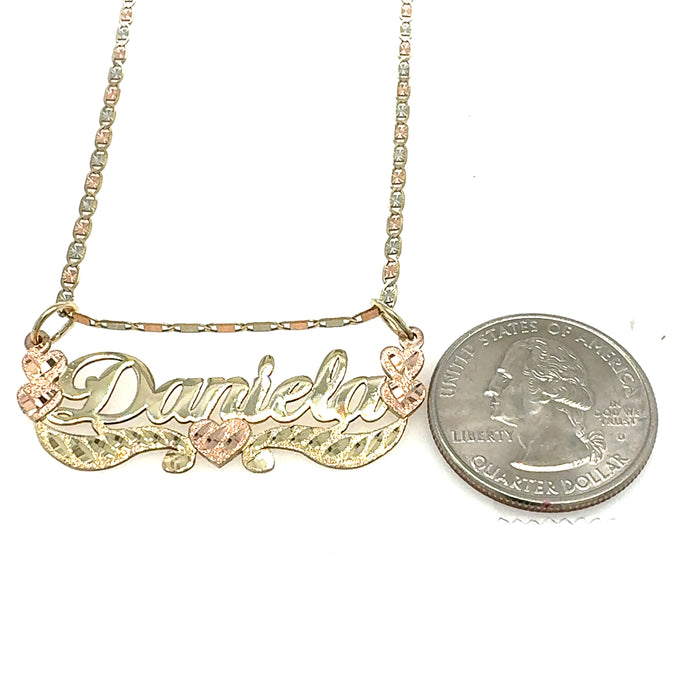 14k Cursive Gold Name with Rose Gold Hearts and Solid Valentino Necklace