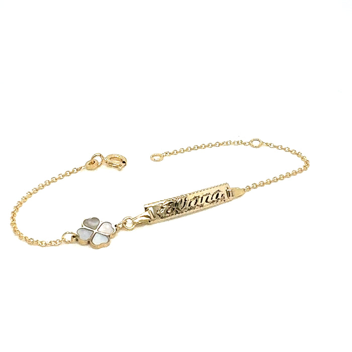 14k Gold Baby ID Bracelet with Gold Name Overlay and Enamel Four Leaf Clover