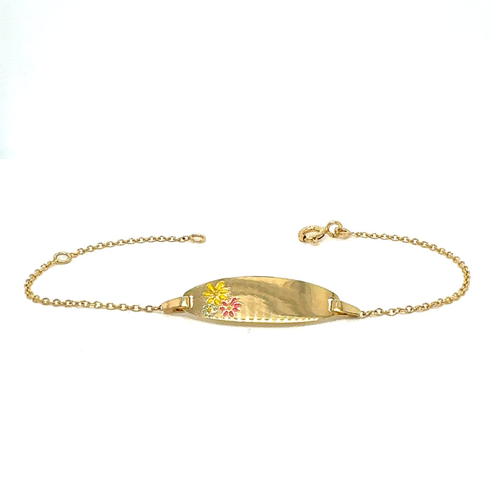 14k Gold Baby ID Bracelet with Gold Name Overlay and Enamel Colored Flowers