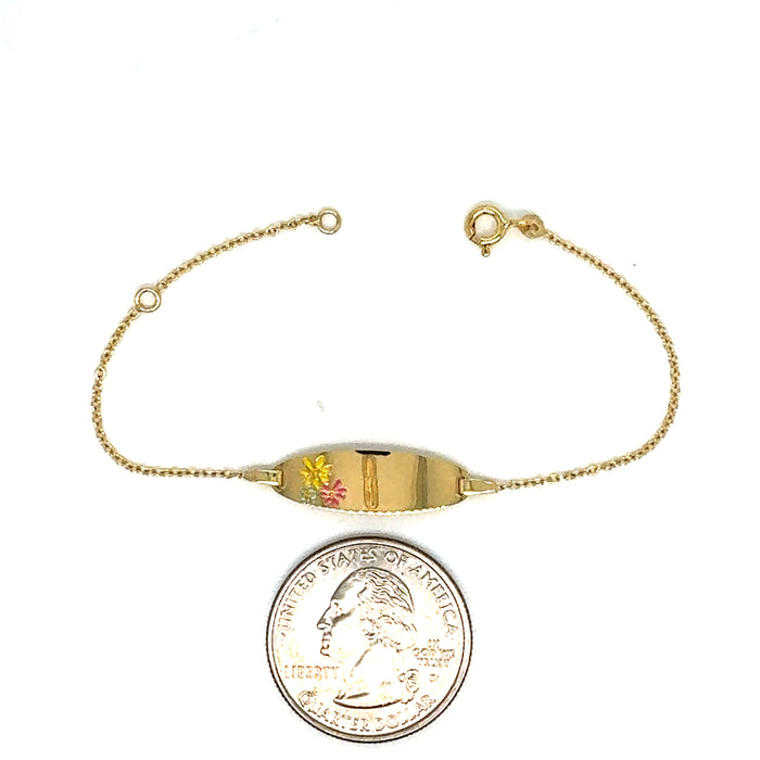 14k Gold Baby ID Bracelet with Gold Name Overlay and Enamel Colored Flowers