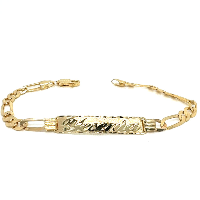 14k Yellow Gold Women's Figaro Link ID Bracelet with Gold Name Overlay