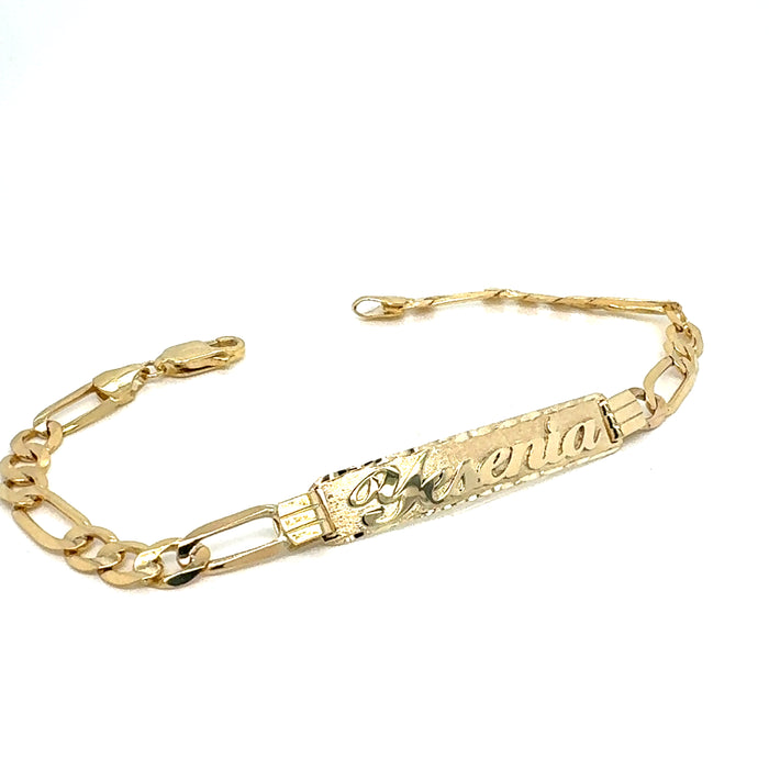 14k Yellow Gold Women's Figaro Link ID Bracelet with Gold Name Overlay