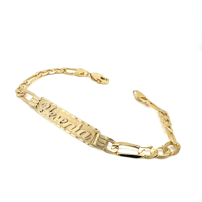 14k Yellow Gold Women's Figaro Link ID Bracelet with Gold Name Overlay