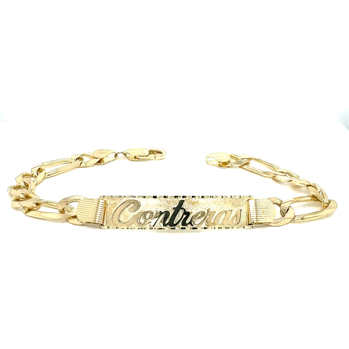 14k Gold Mens 9mm Solid Figaro Link ID Bracelet with Gold Name Overlay