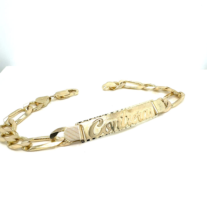 14k Gold Mens 9mm Solid Figaro Link ID Bracelet with Gold Name Overlay