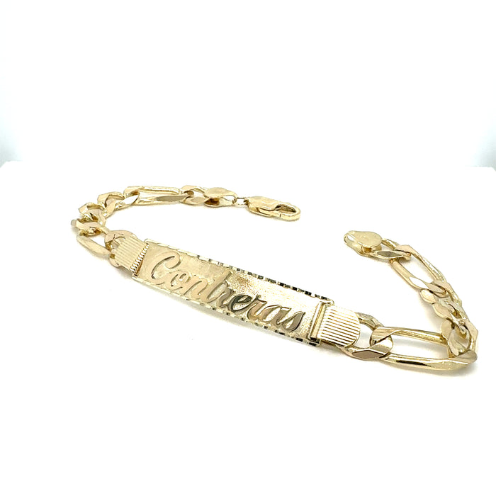 14k Gold Mens 9mm Solid Figaro Link ID Bracelet with Gold Name Overlay