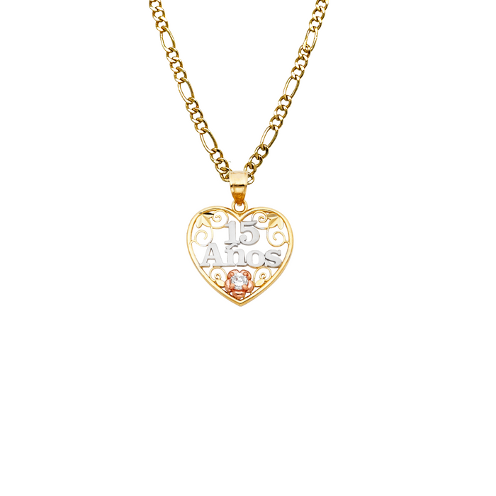 14k Gold Three Tone 15 Quinceañera Heart Pendant with Solid Chain - LE-0357