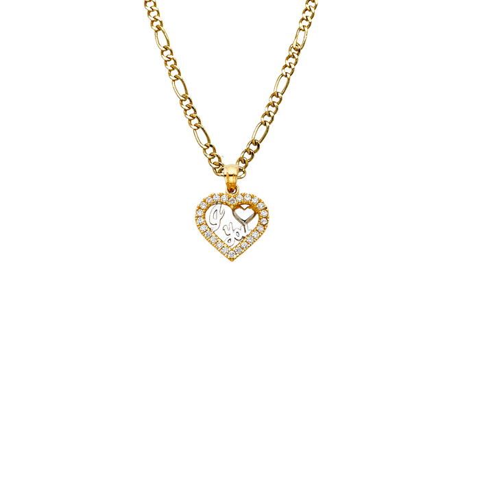 14k I Love You Two Tone Gold Gemstone Heart Pendant with Solid Chain - LE-1817