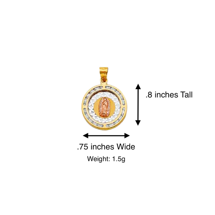 14k Virgin Mary Gold Pendant Round with Gemstones and Solid Chain - LE-1310