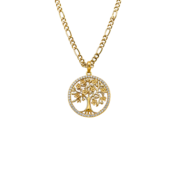 14k Gold Two Tone Family Tree of Life Gemstone Pendant with Solid Chain - LE-2704