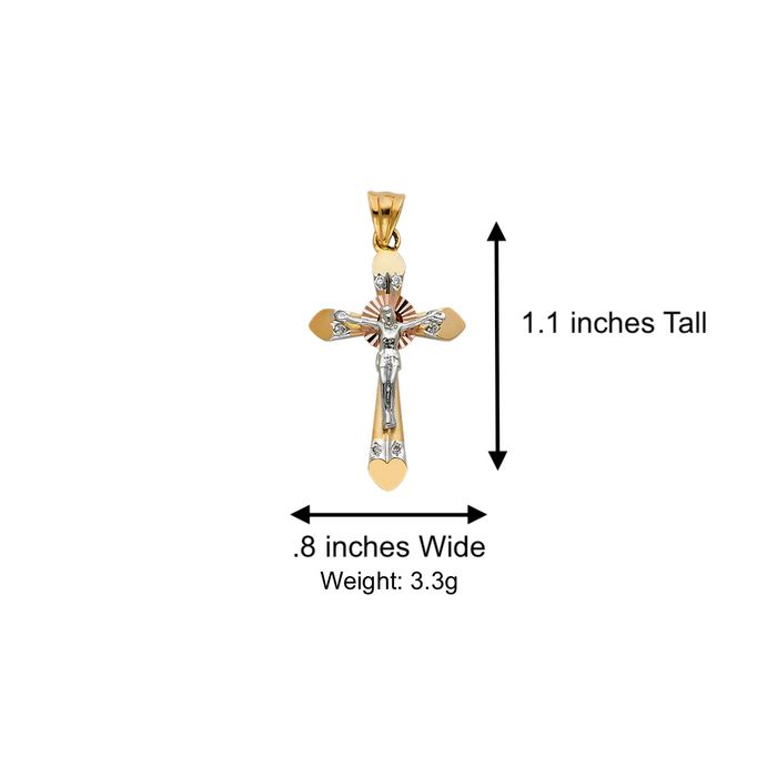 14k TriGold Gemstone Jesus Cross with Solid Figaro Chain - LE-0958