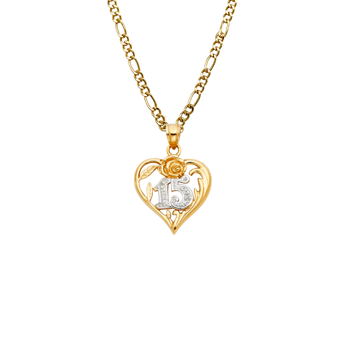 14k Gold Two Tone 15 Años Quinceañera Heart Pendant with Solid Chain - LE-1873