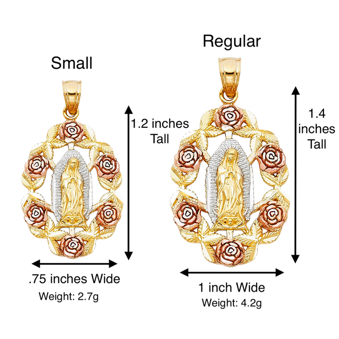 14k Virgin Mary Pendant with Surrounding Roses and Solid Chain