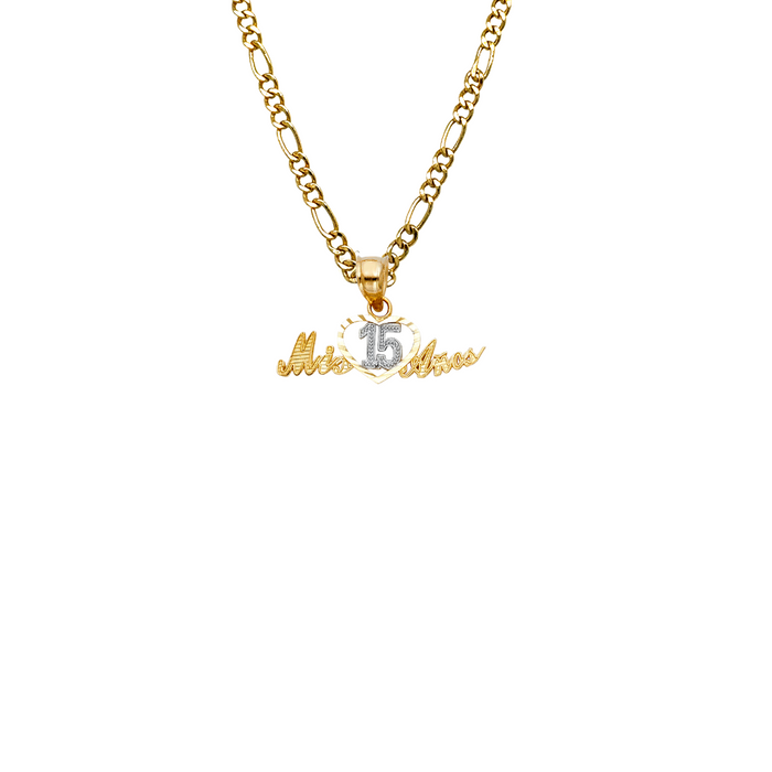 14k Gold Two Tone Mis 15 Años Quinceañera Heart Pendant with Solid Chain - LE-0377