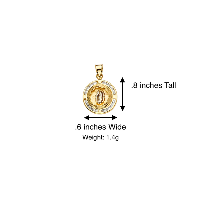 14k Virgin Mary Gold Pendant Round with Gemstones and Solid Chain - LE-2308