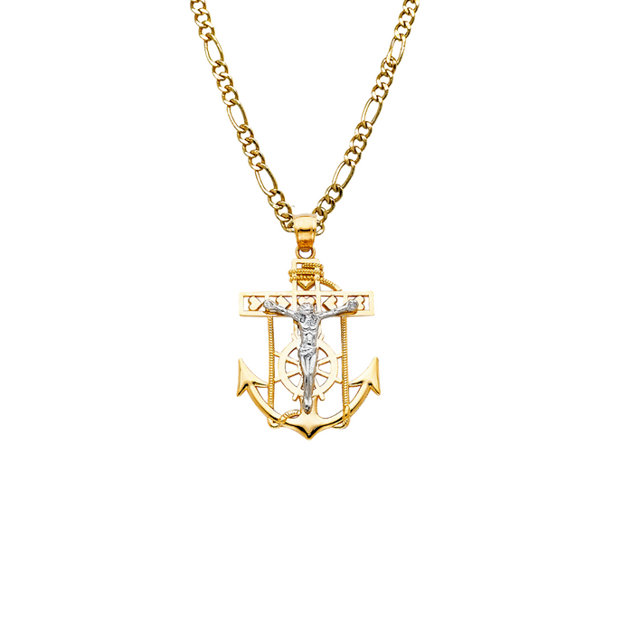 14k Gold Two Tone Jesus Anchor Mariner Pendant with Solid Chain - LE-0110