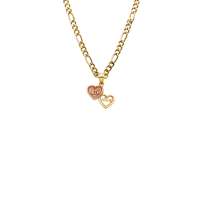 14k Gold Two Tone 15 Años Quinceañera Hearts Pendant with Solid Chain - LE-1886