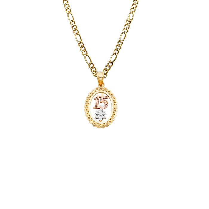 14k Gold Tri Tone 15 Años Quinceañera Oval Pendant with Solid Chain - LE-1904