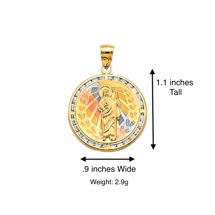 14k San Judas Round Gemstone Gold Pendant with Solid Chain - LE-3049