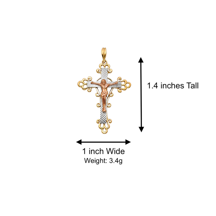 14k Tri Color Gold Fancy Jesus Cross with Solid Figaro Chain - LE-0953