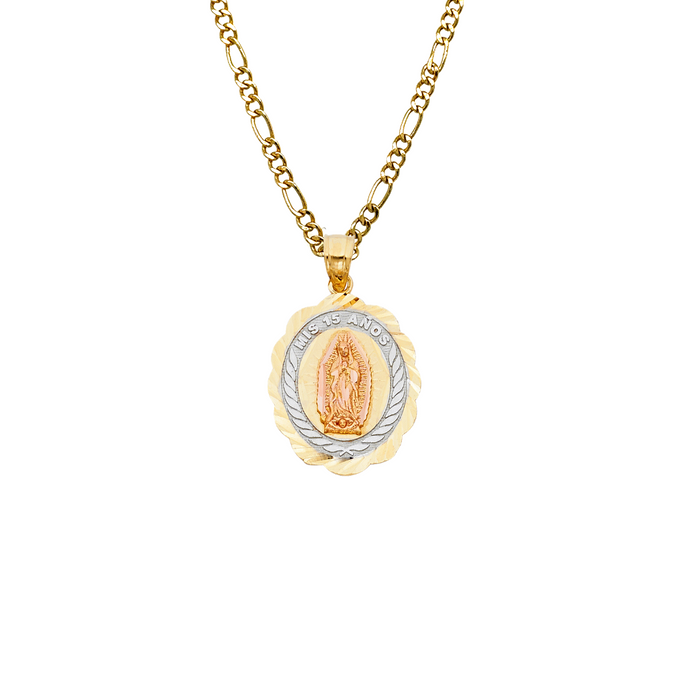 14k Gold Tri Tone Virgin Mary Mis 15 Años Quinceañera Oval Pendant with Solid Chain - LE-1899