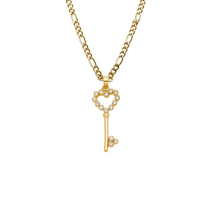 14k Gold Heart Key Gemstone Pendant with Solid Chain - LE-1723