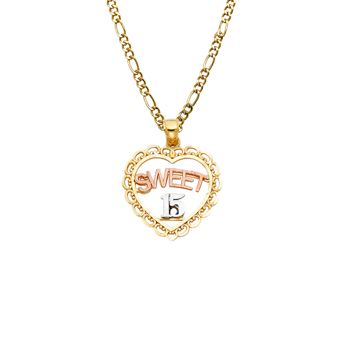 14k Gold Tri Tone Sweet 15 Heart Pendant with Solid Chain - LE-1905