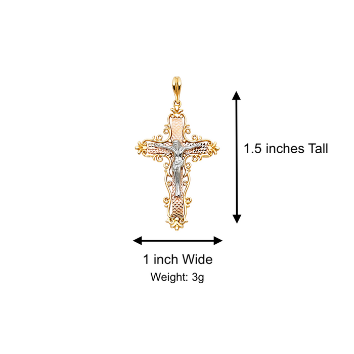 14k Tri Color Gold Fancy Jesus Cross with Solid Figaro Chain - LE-0861