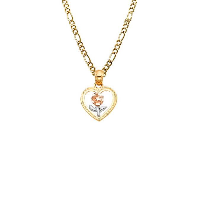 14k Flower Heart Tri Gold Pendant with Solid Chain - LE-0395