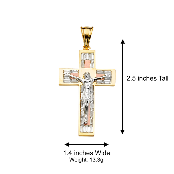 14k Large Two Tone Gold Jesus Gemstone Cross with Solid Figaro Chain - LE-2159