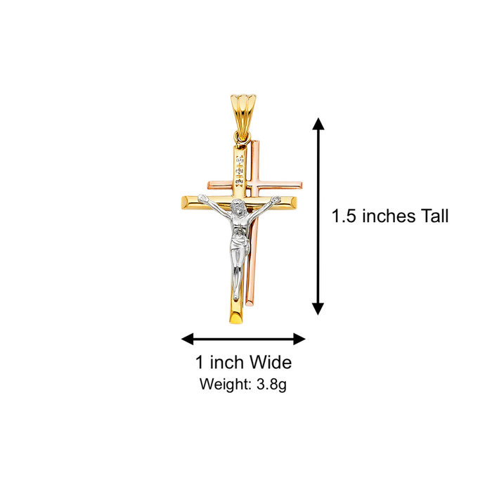 14k TriGold Jesus Cross with Solid Figaro Chain - LE-0948