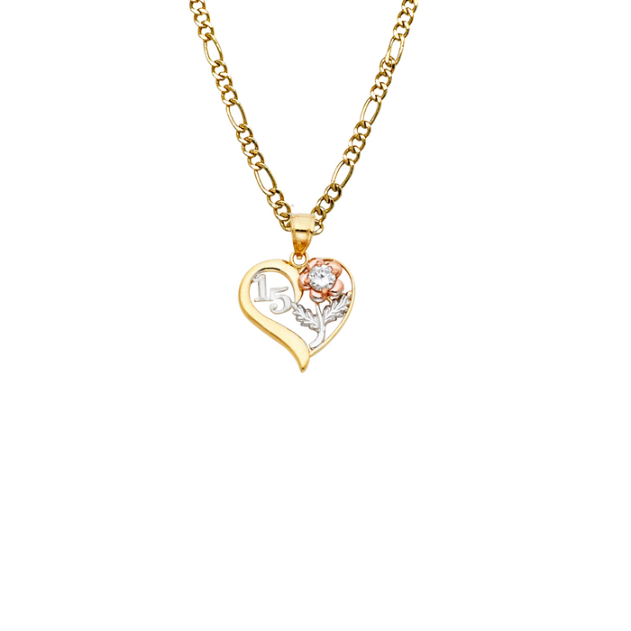 14k Gold Three Tone 15 Quinceañera Heart Gemstone Pendant with Solid Chain - LE-0359