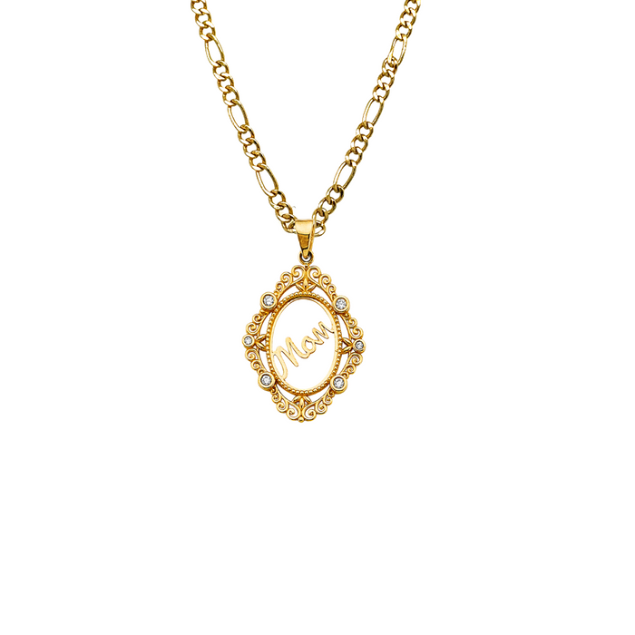 14k Two Tone Gold Mom Gemstone Pendant with Solid Chain - LE-2694