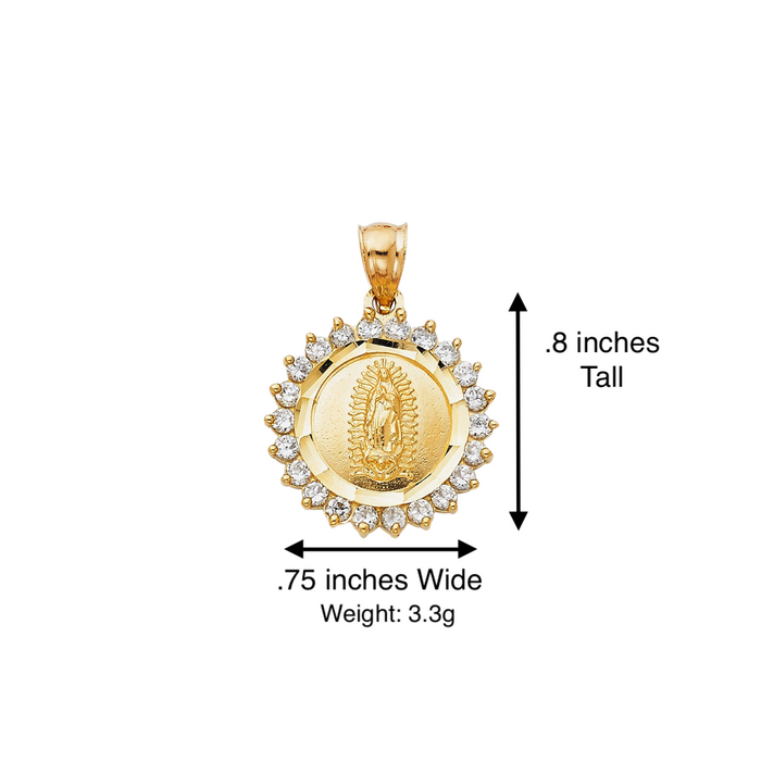 14k Virgin Mary Round Pendant with White Gemstone Bezel and Solid Chain