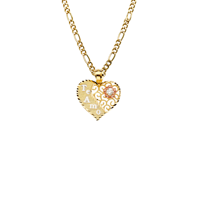 14k Te Amo Tri-Tone Gold Gemstone Heart Pendant with Solid Chain - LE-2379