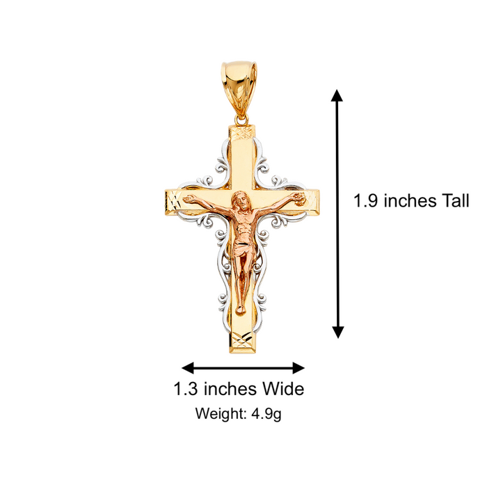 14k Three Color Gold Ornate Jesus Cross with Solid Figaro Chain - LE-0973