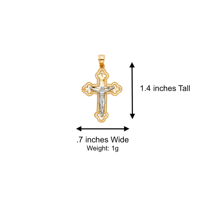 14k Gold Two Tone Beaded Edge Jesus Cross Pendant with Solid Chain - LE-0063