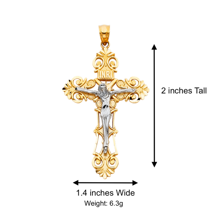 14k Two Tone Gold Ornate Jesus Cross with Solid Figaro Chain - LE-0974