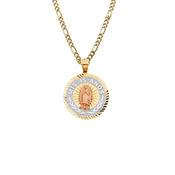 14k Gold Tri Tone Virgin Mary Mis 15 Años Quinceañera Pendant with Solid Chain - LE-1897