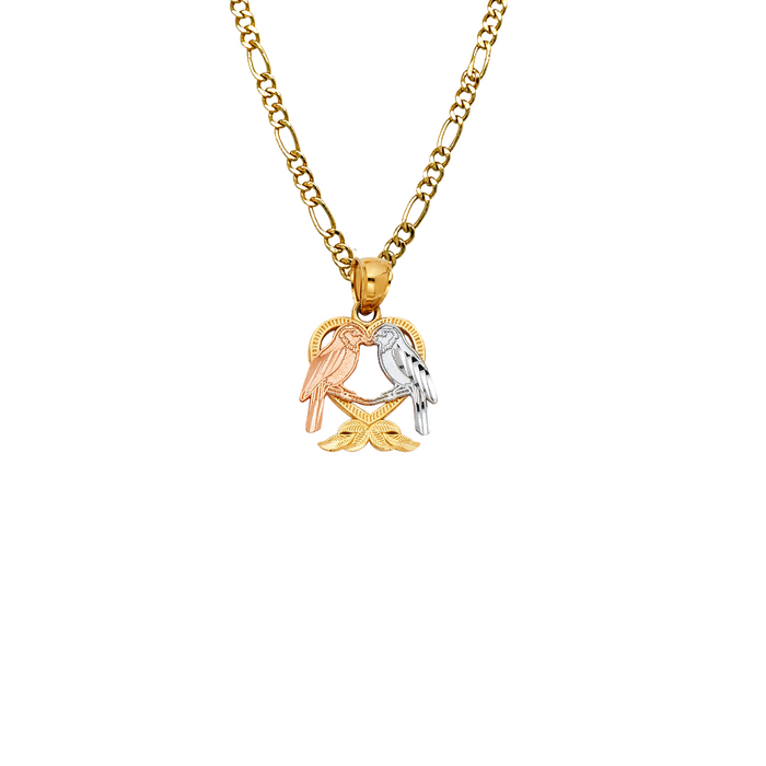 14k Tri Gold Love Birds Heart Pendant with Solid Chain - LE-1949