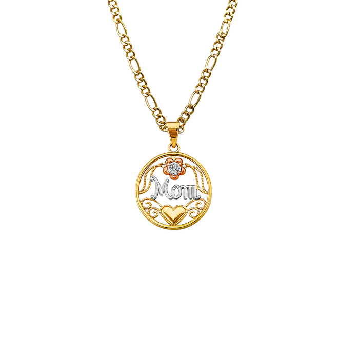 14k Tri Tone Gold Mama Gemstone Pendant with Solid Chain - LE-2693