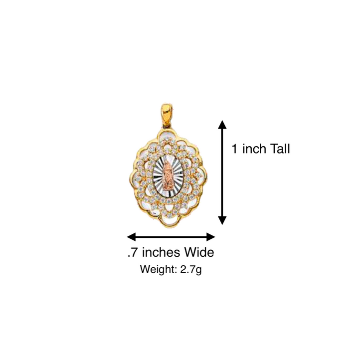 14k Virgin Mary Medallion Pendant with White Gemstones