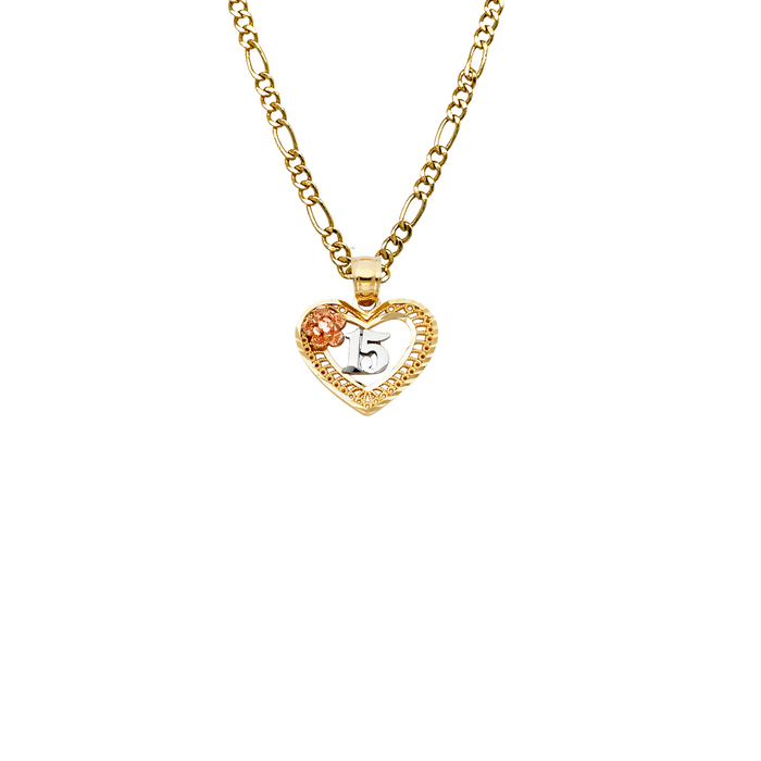 14k Gold Three Tone 15 Quinceañera Heart Pendant with Solid Chain - LE-0361